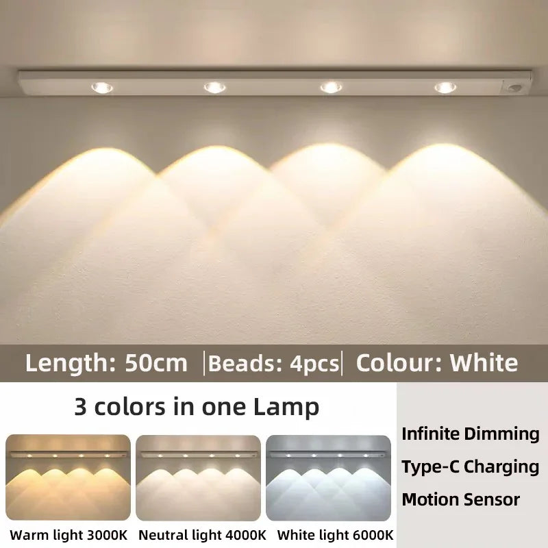 Lumière LED Blanche/Noire pour Armoire Rechargeable par USB Capteur de Mouvement pour Cuisine Garde-Robe Éclairage d'Armoire 20cm/30cm/40cm/50cm