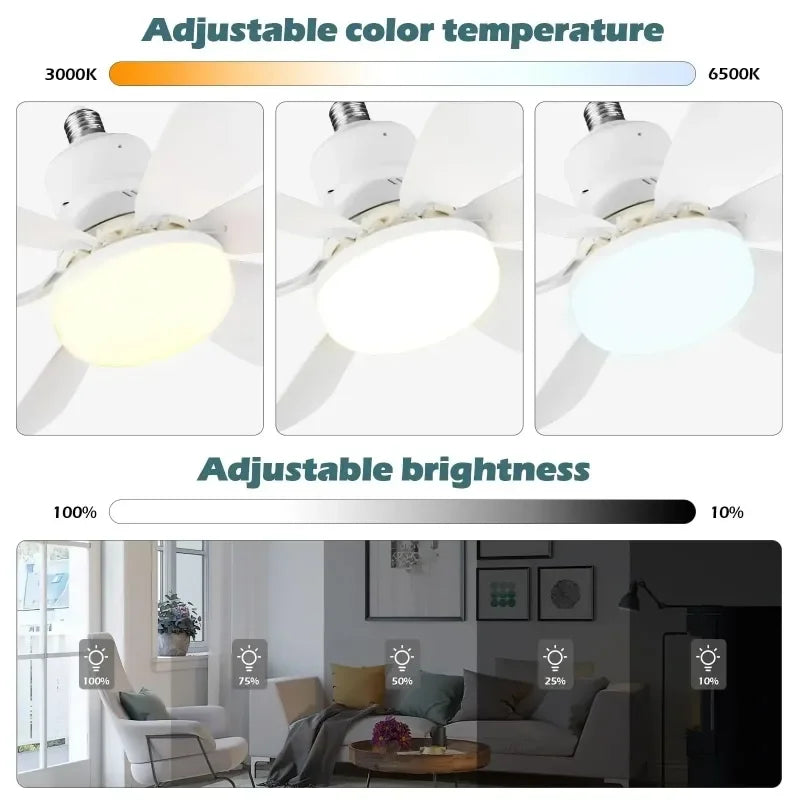 Ventilateur de Plafond LED 30W E27 Avec Télécommande pour Variateur d'Intensité, Adapté au Salon, au Bureau et à un Usage Domestique 85-265V